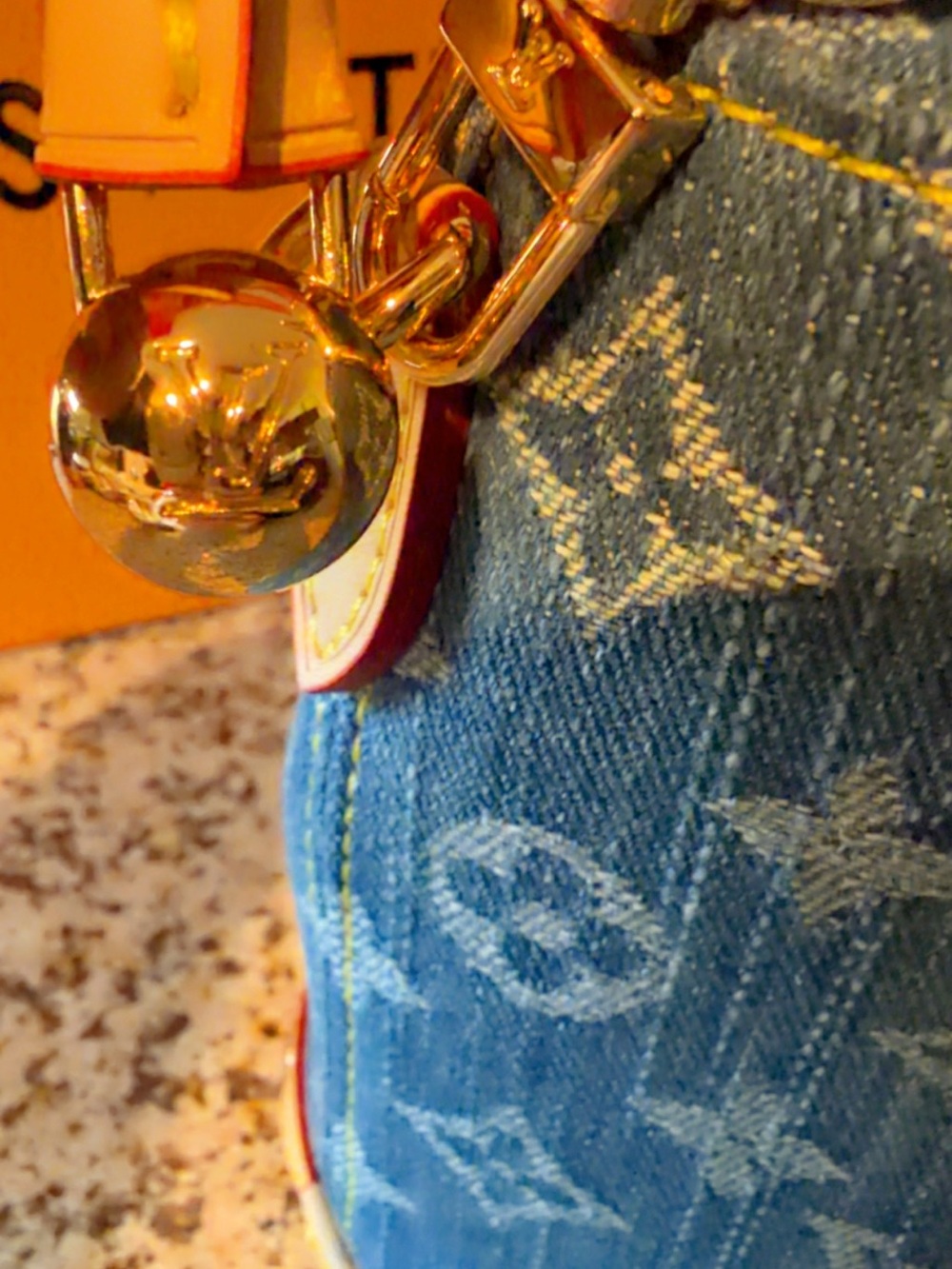 Louis Vuitton Blue Monogram Denim Bucket Shoulder Bag with Gold Chain - Picture 3 of 7